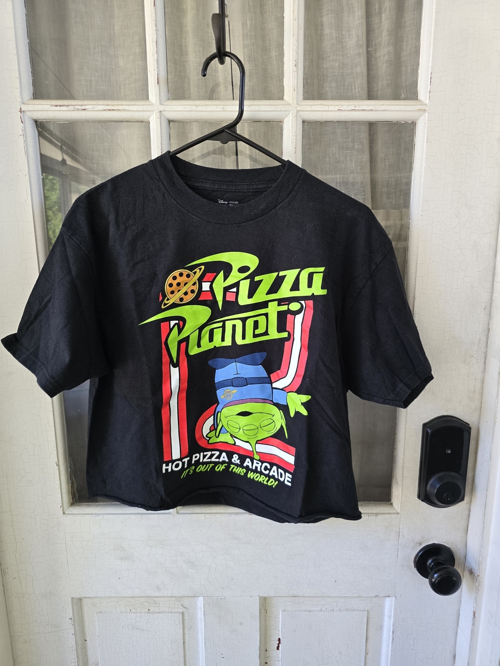 Pizza Planet Cropped Black Graphic Tee